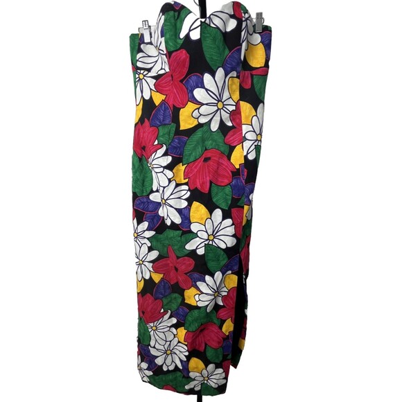 Leslie Fay Strapless Floral Maxi Dress 14 Vintage 80s Bold Mod Floral High Slit - Picture 4 of 7